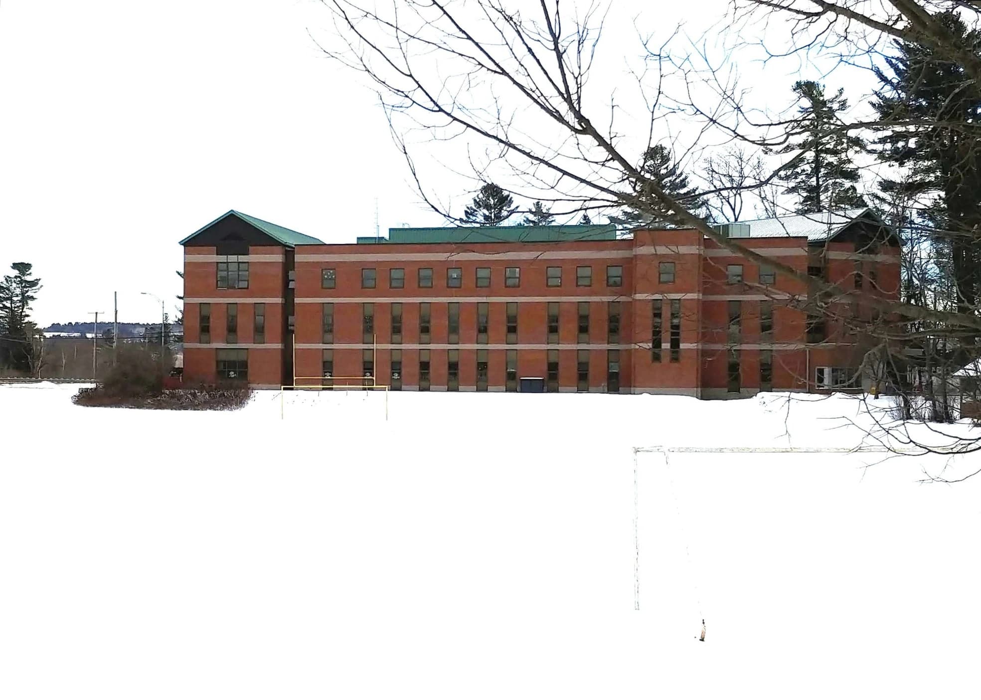Champlain College Lennoxville campus building in snowy conditions in 2024