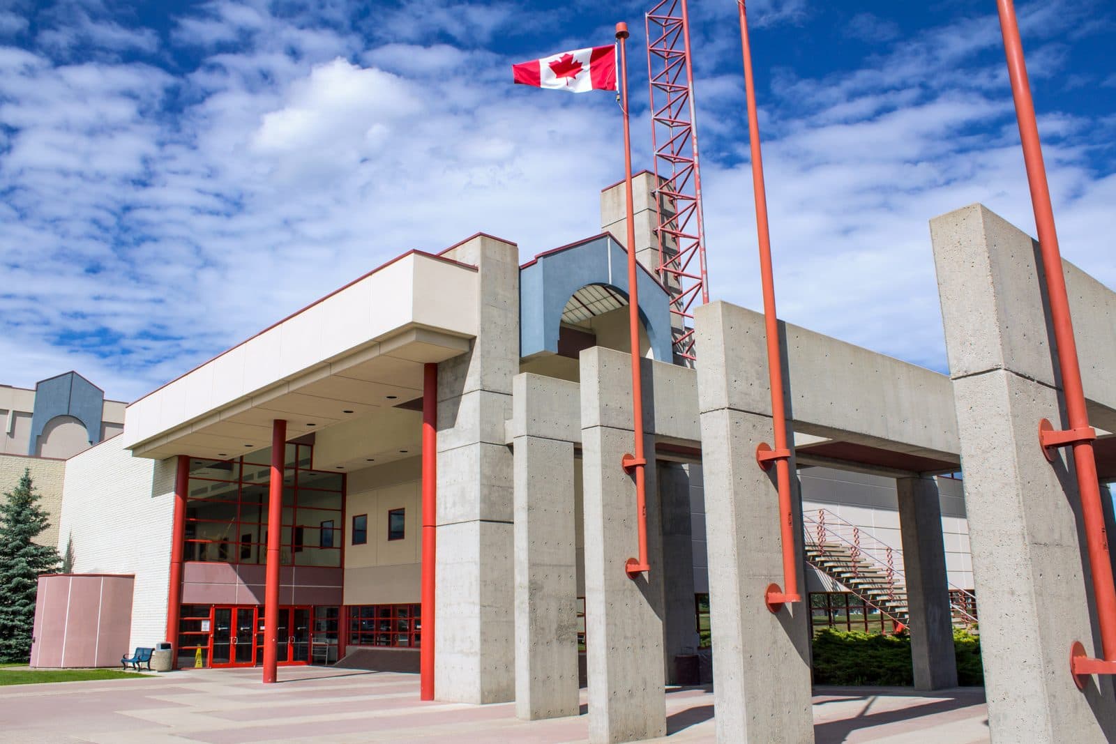 College of New Caledonia Prince George Campus entrance with red columns