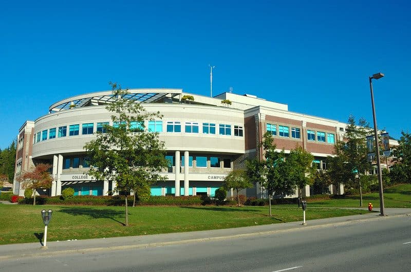 Douglas College Coquitlam Campus building and lawn, photographed in 2006