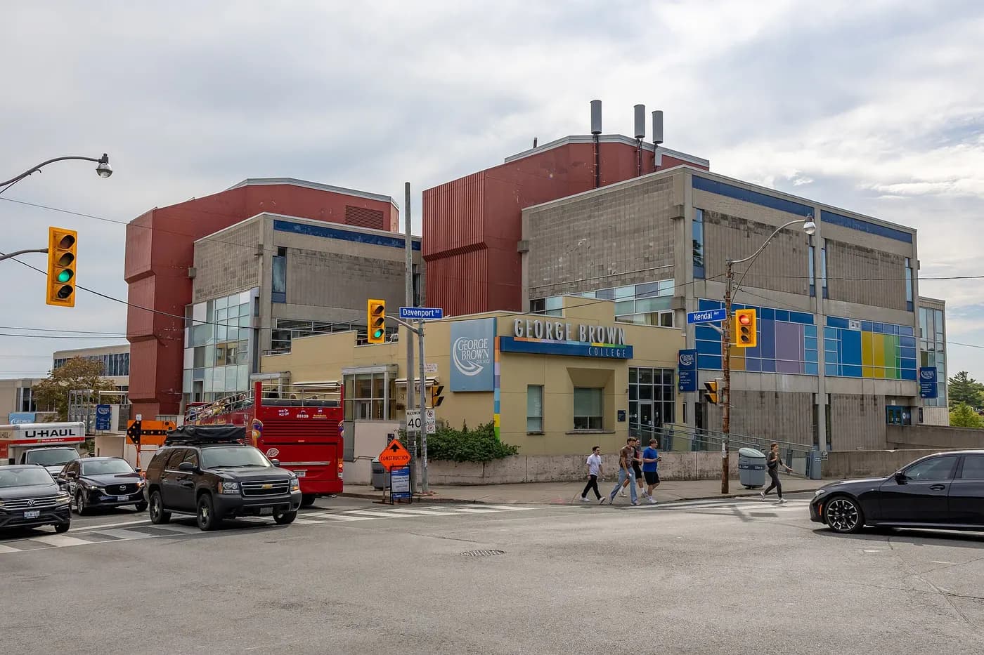 George Brown's Casa Loma Campus at the corner of Davenport Road and Kendal Avenue, with students crossing the street