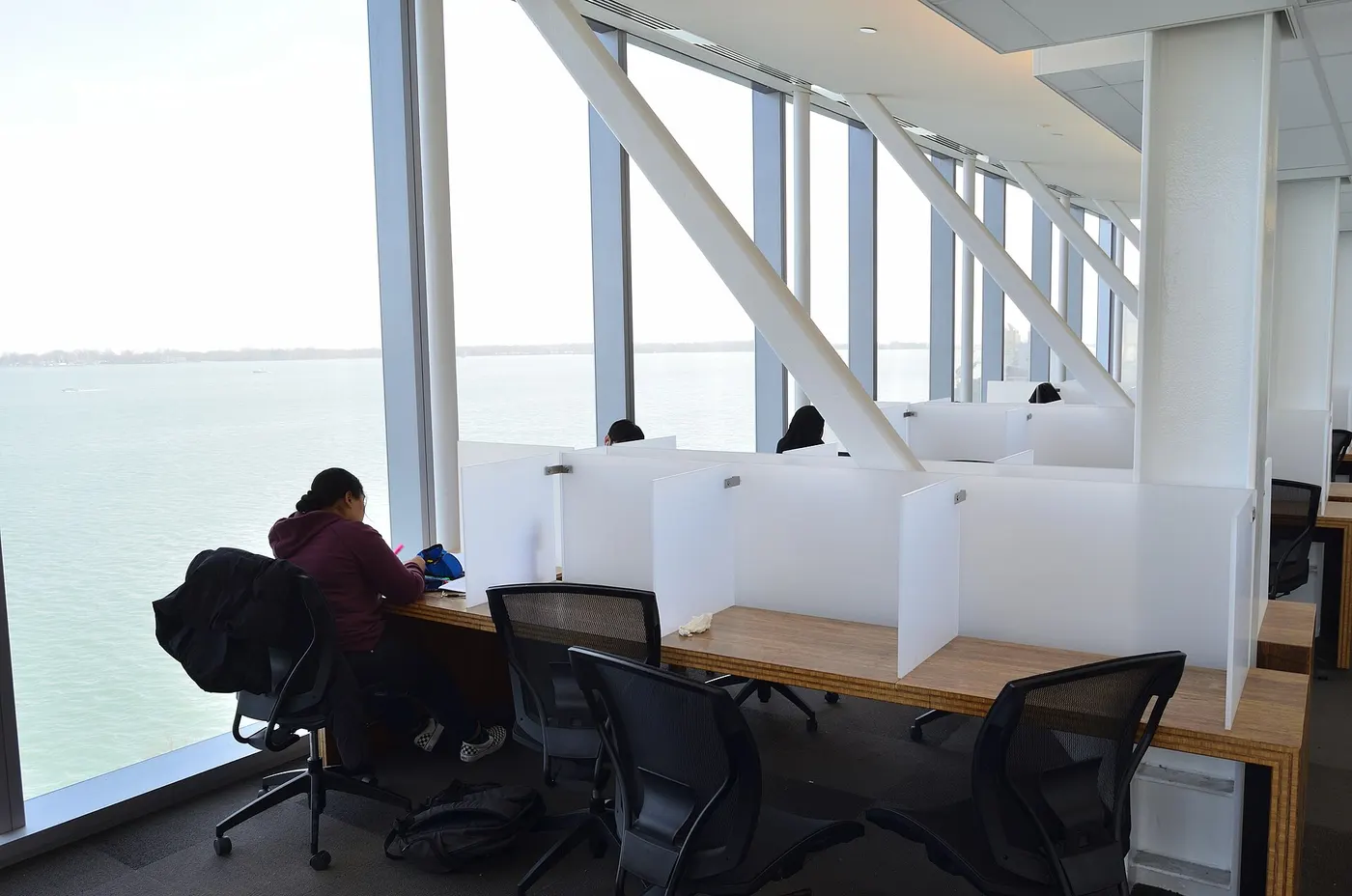 Students at partitioned study carrels beside floor-to-ceiling windows overlooking Lake Ontario in George Brown's Waterfront library