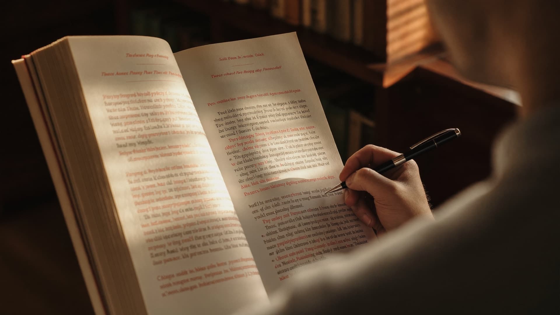 Student reviewing and annotating a printed essay in a library