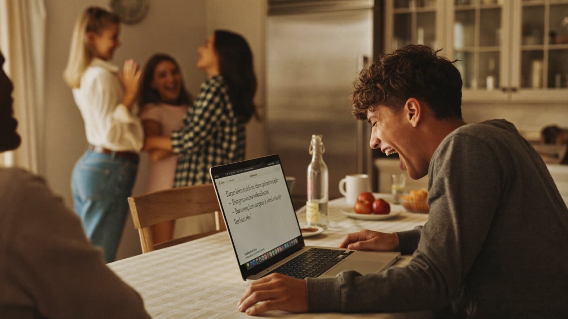 Student celebrating a university acceptance at the kitchen table while family looks on