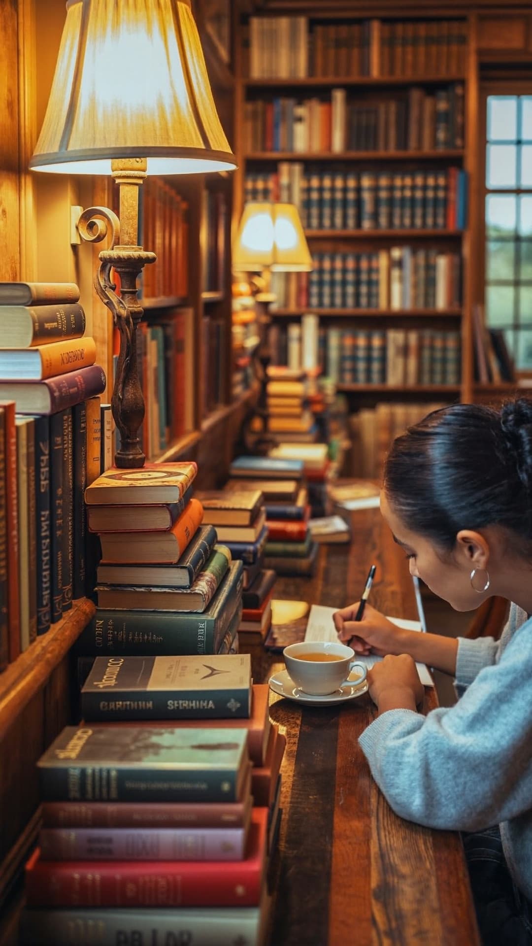 Student writing notes among Caribbean literature books in a dusk-lit library