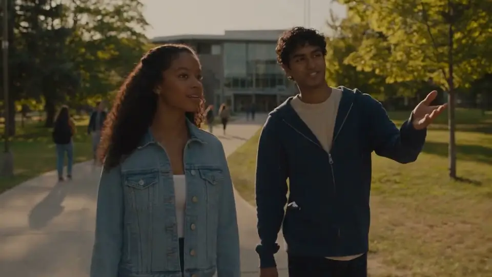 A student and current university adviser walking through a Canadian campus