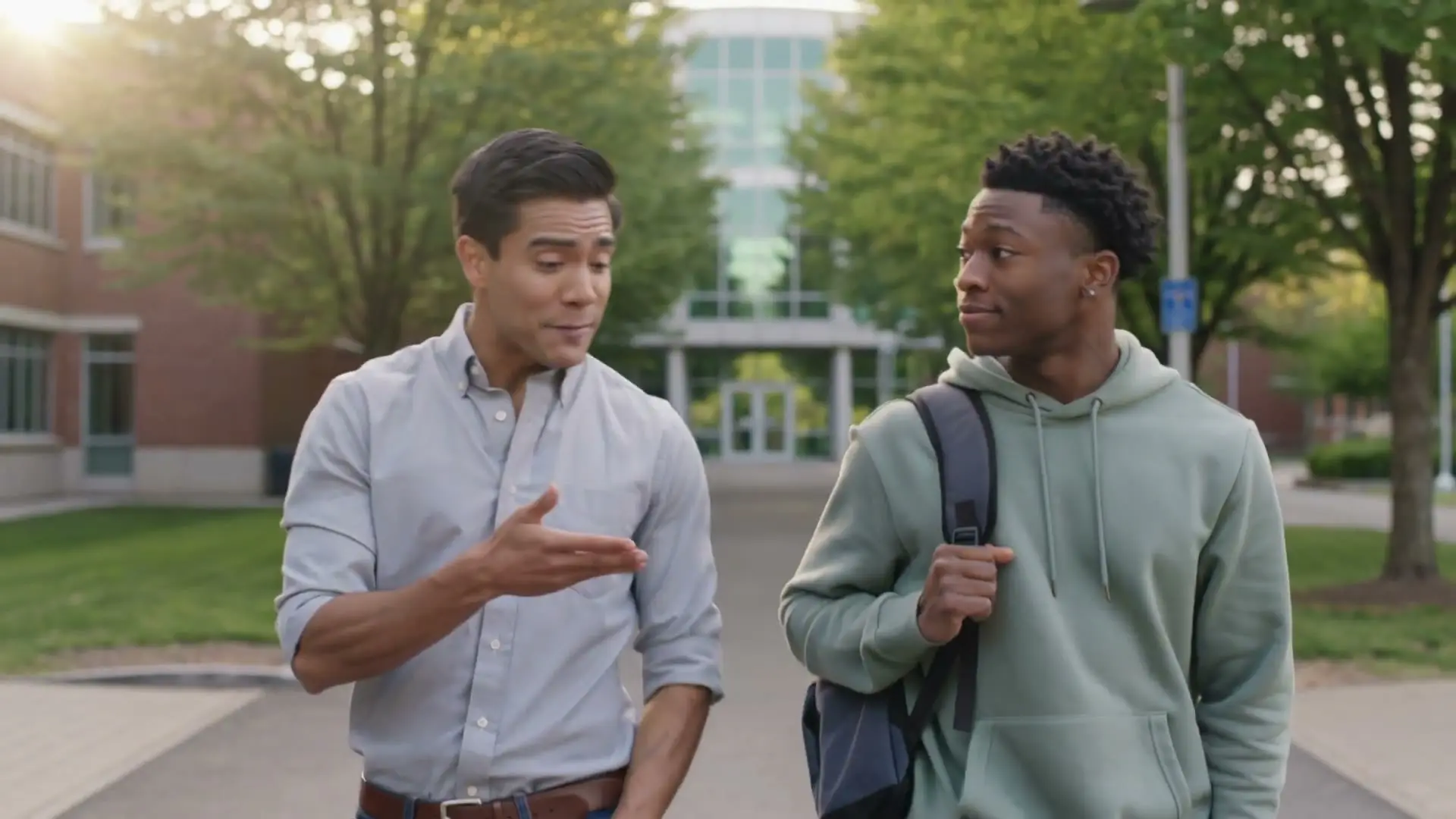 A current university student adviser walking across a Canadian campus