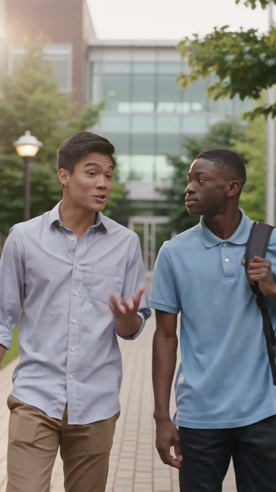 A current university student adviser walking across a Canadian campus