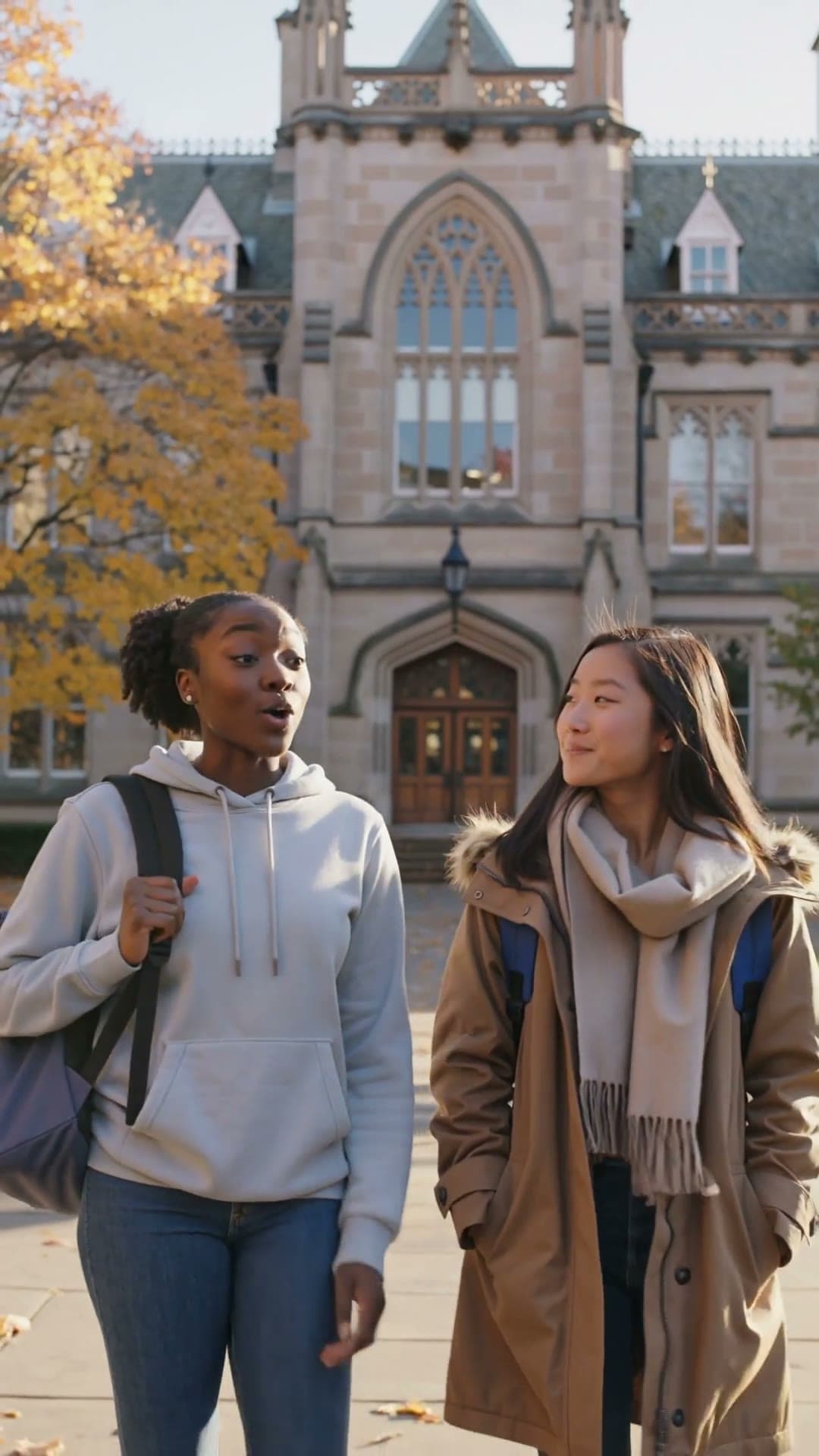 A peer adviser walking a student through campus
