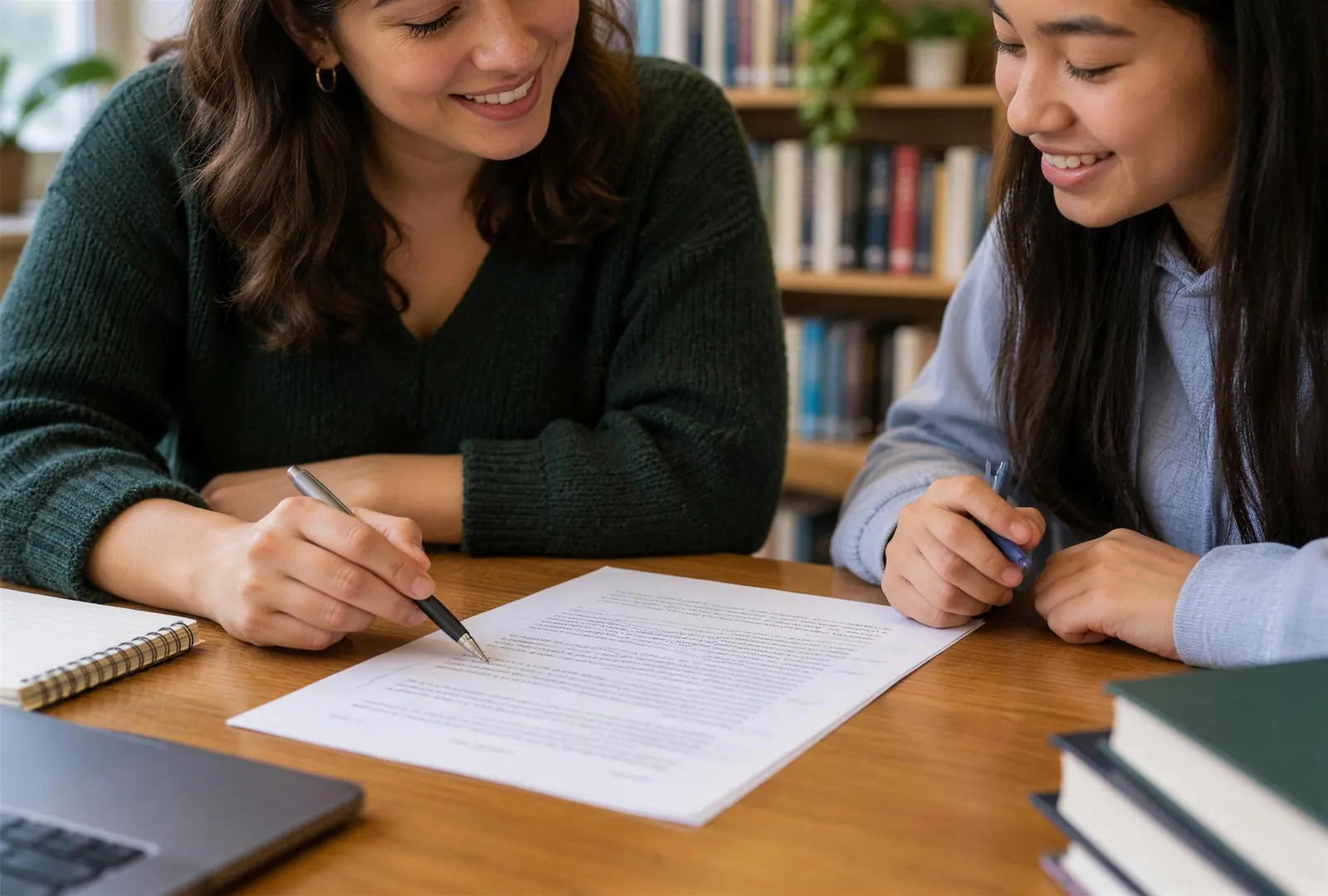 A university student and a high-school student going over an essay draft together