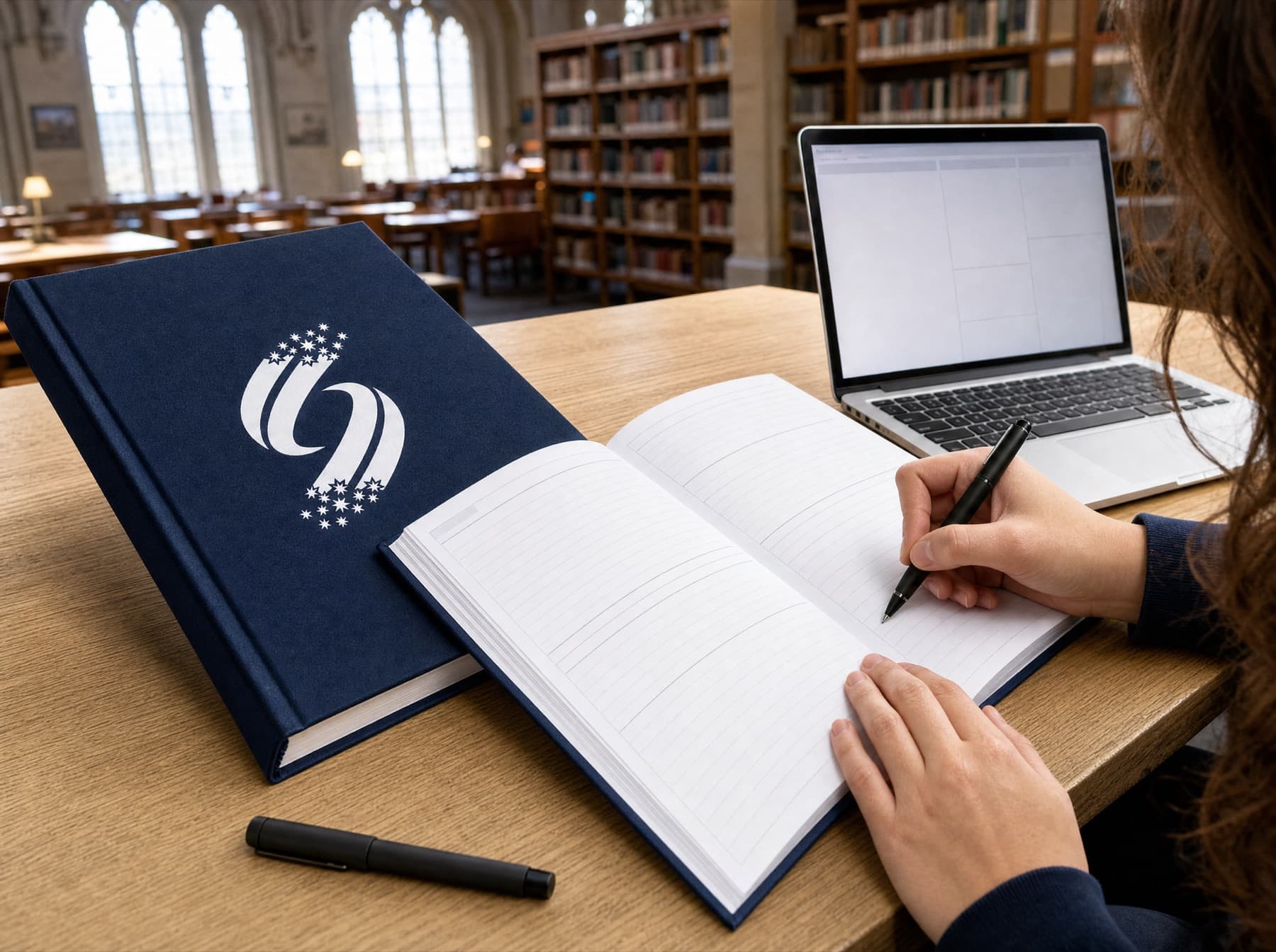 Navy Application Season Planner open on a university library desk