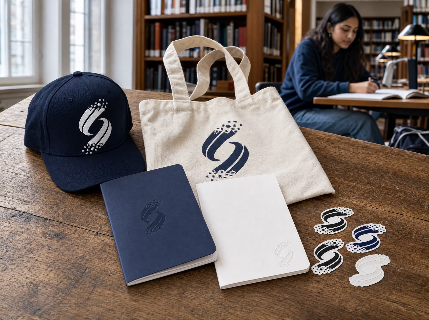 Campus Ready Bundle with cap, tote, notebooks, and stickers on a library table