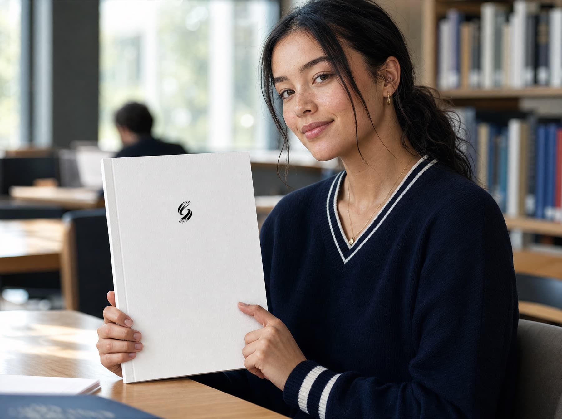 Student holding the white Essay Draft Notebook in a university library