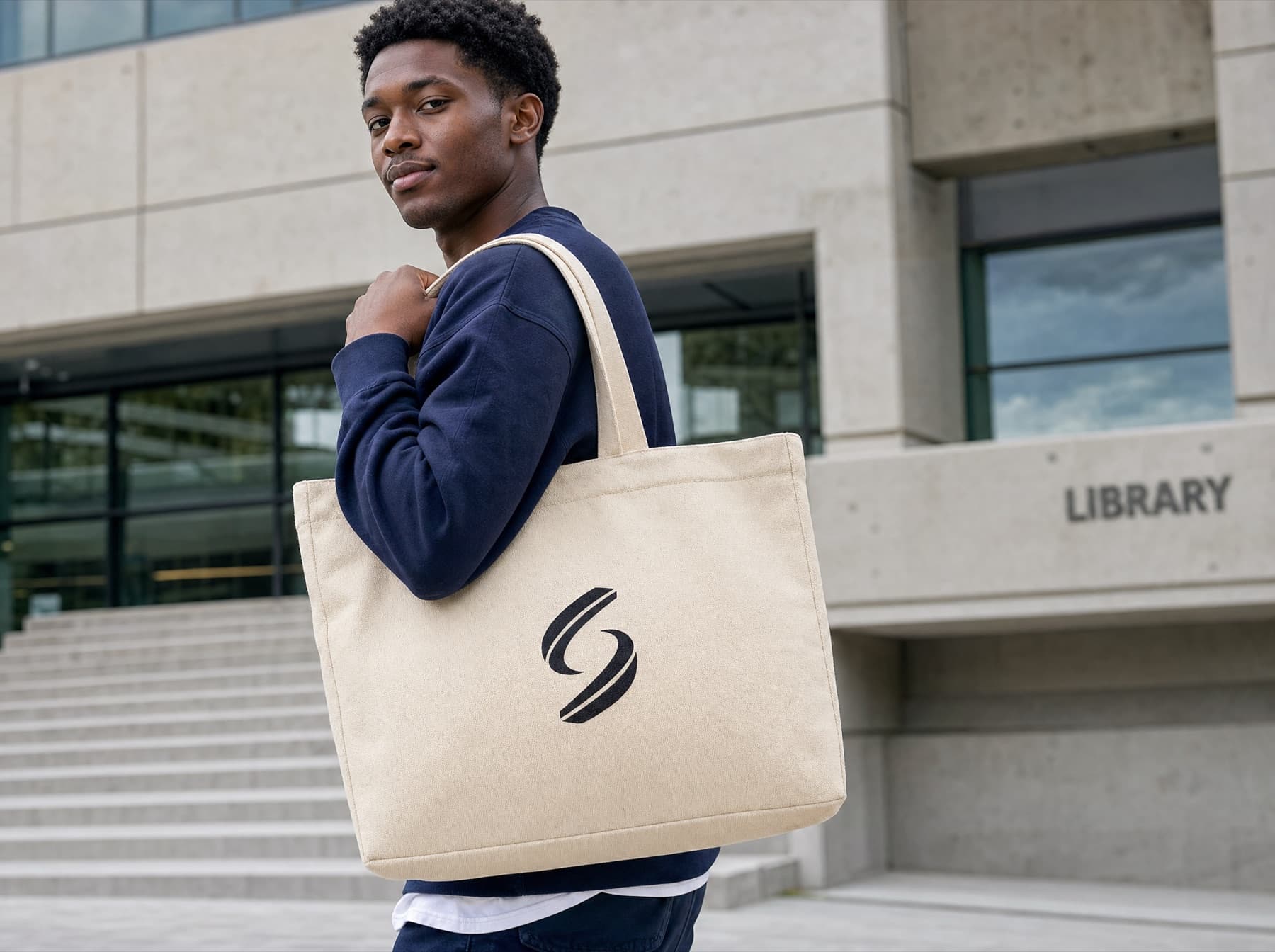 Student carrying the natural Stellar Canvas Tote on campus