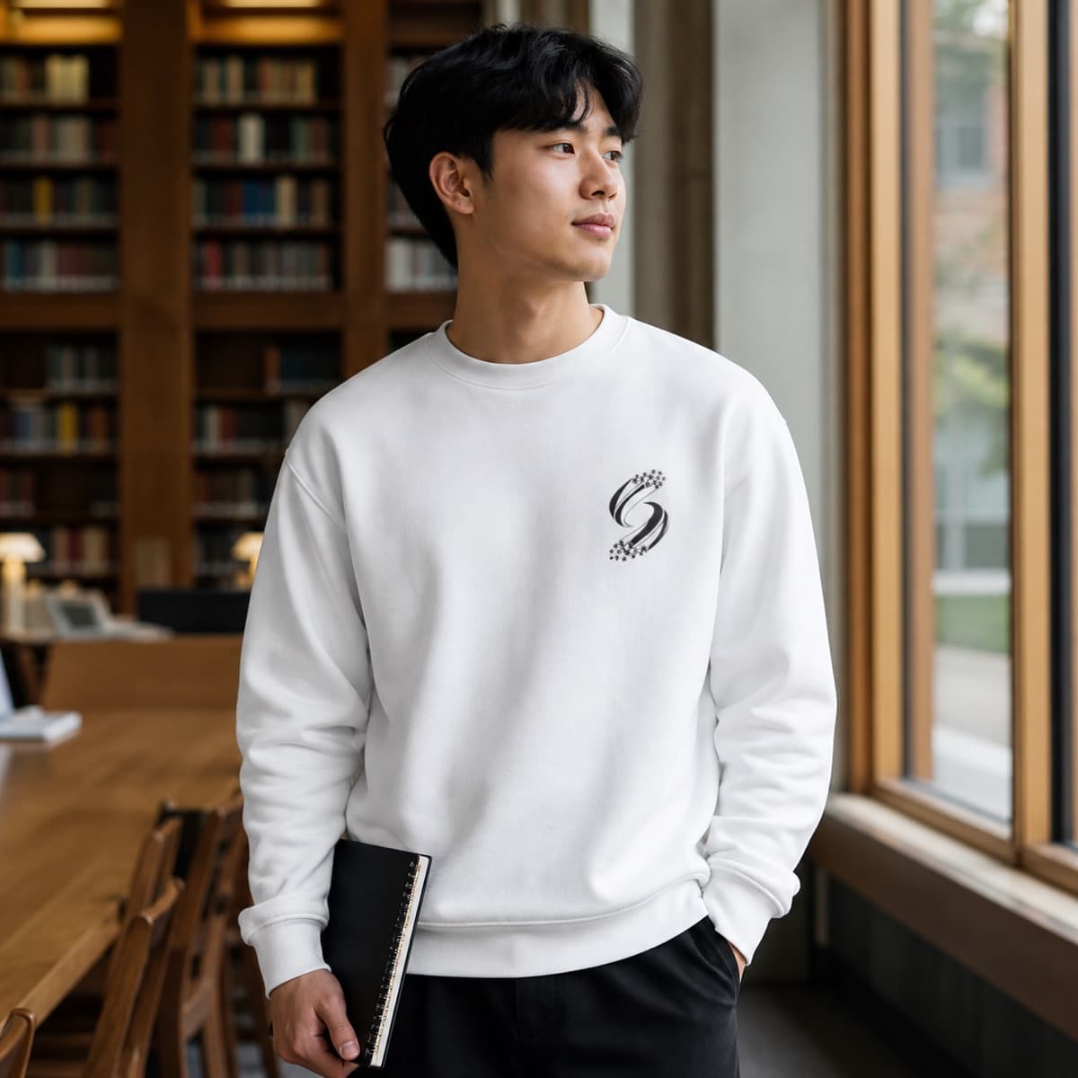 Student wearing the cloud Stellar crewneck in a university library