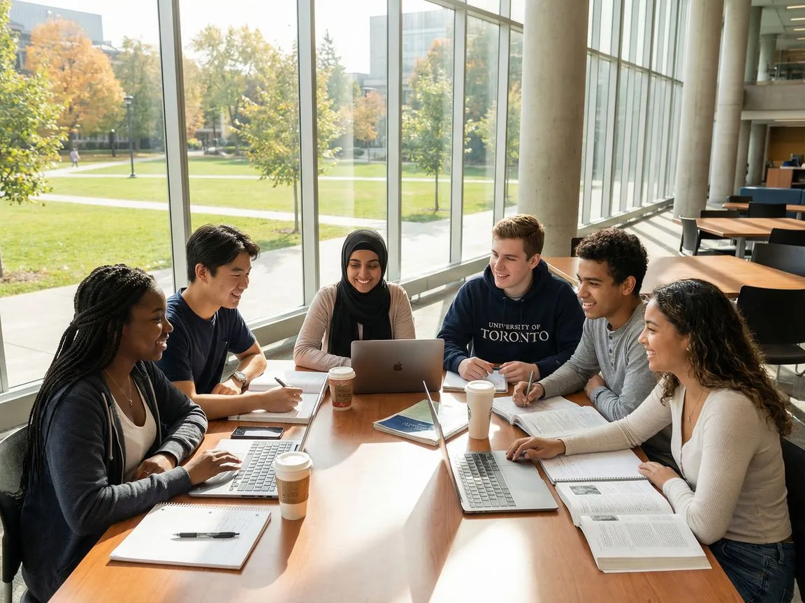 Diverse group of students sharing knowledge at university