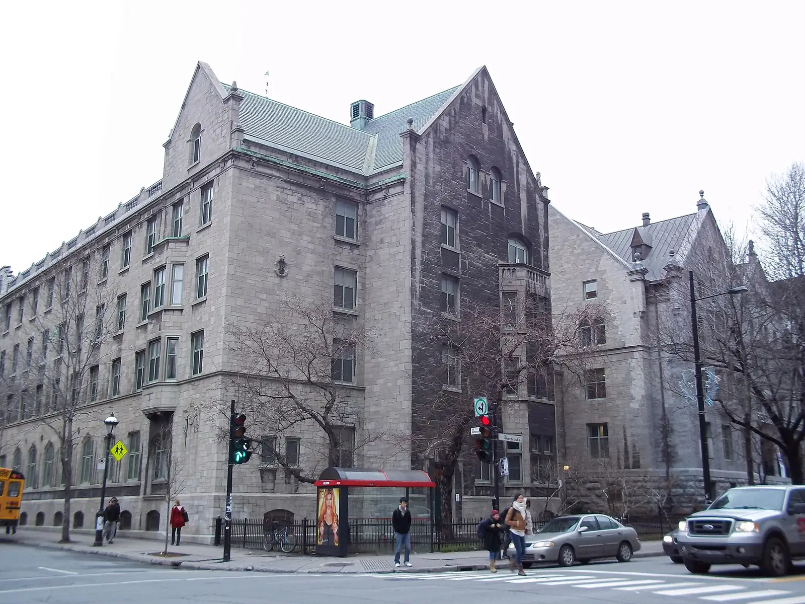 Grey stone Royal Victoria College residence at the corner of Sherbrooke and University streets in Montreal