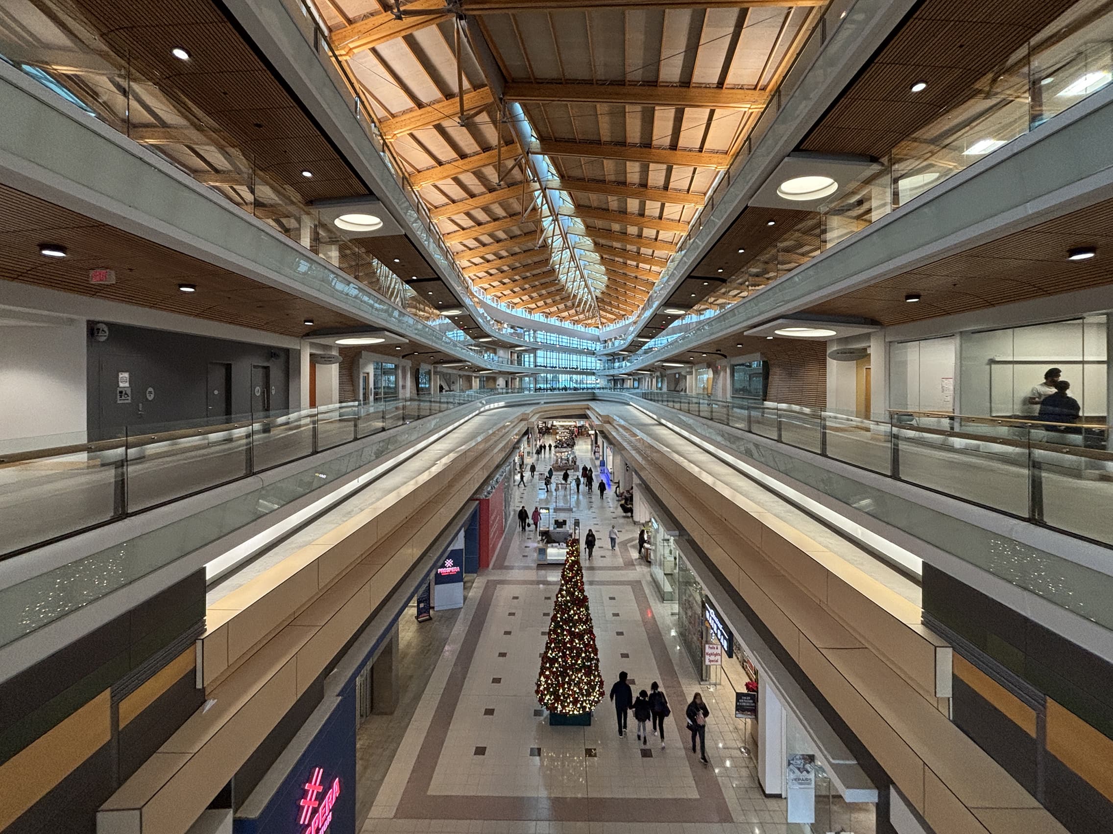 Interior walkways and timber roof above the shopping concourse at Central City, home to an SFU Surrey location