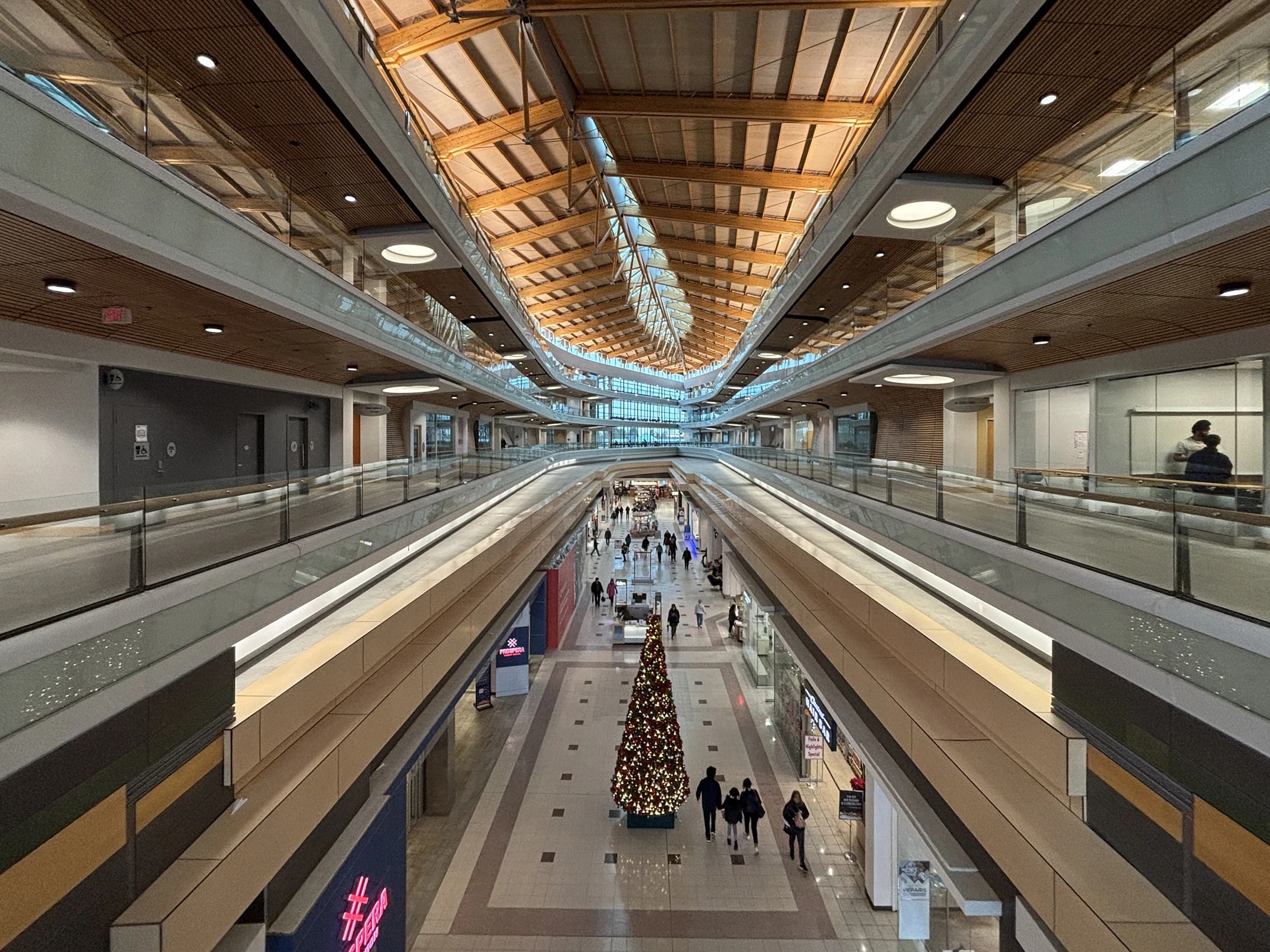 Interior walkways and timber roof above the shopping concourse at Central City, home to an SFU Surrey location