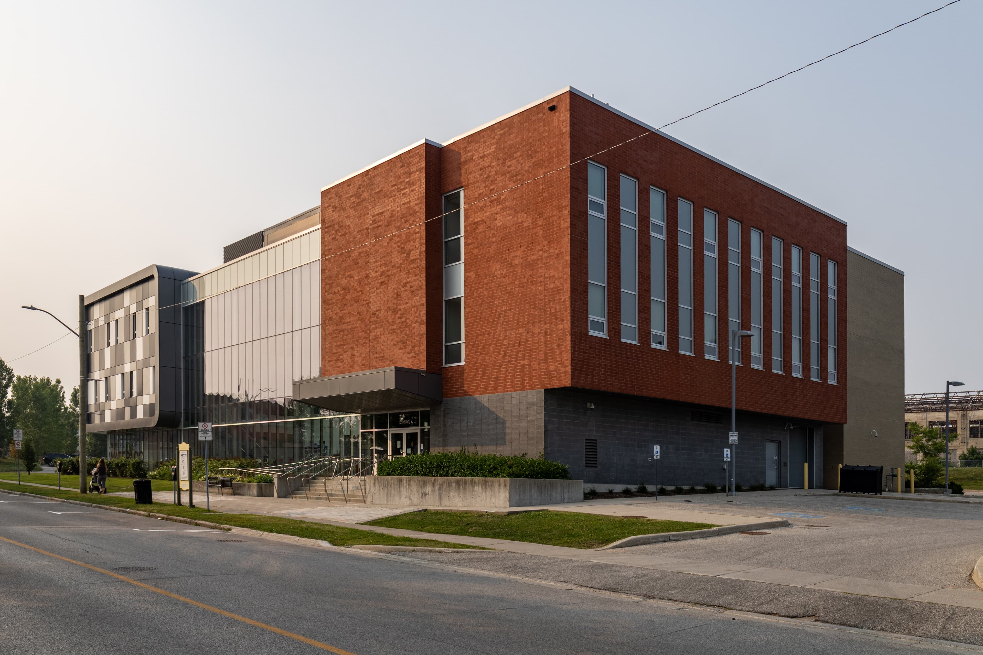 Brick and glass exterior of the University of Waterloo Stratford School at 125 St. Patrick Street